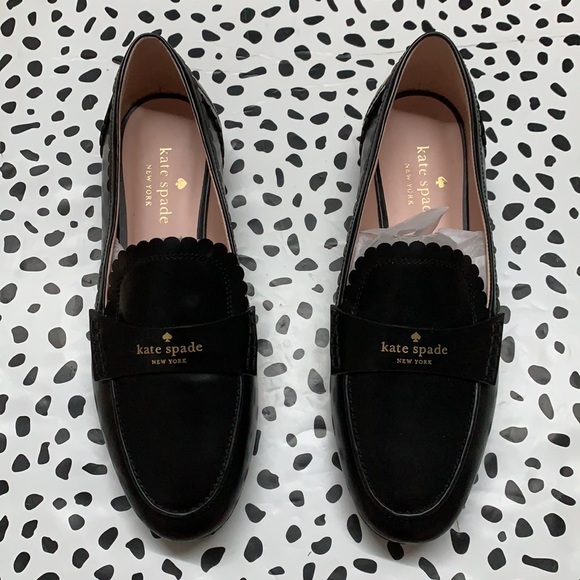 kate spade Shoes - NWT Kate Spade Cara Flora Scalloped Black Leather Loafers